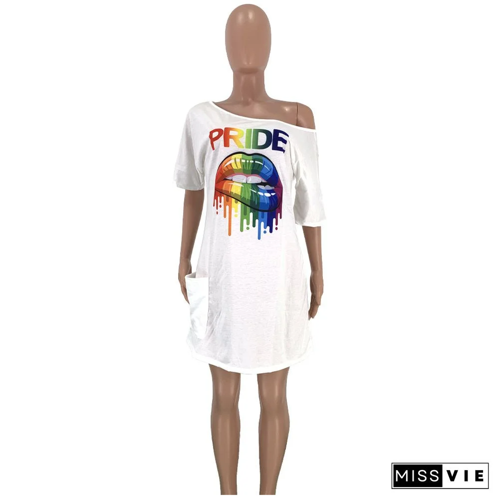 Lips Printed Sloping Shoulder Pocket Mini Leisure Dress