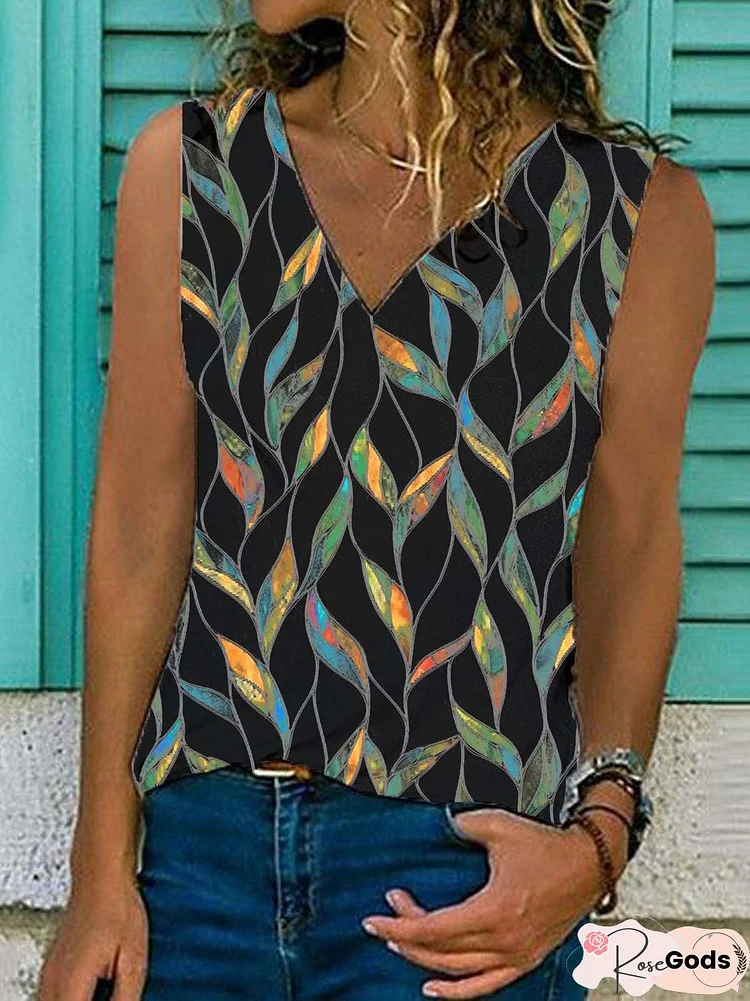 Geometric Sleeveless Printed Cotton-Blend V Neck Vintage Summer Black Top