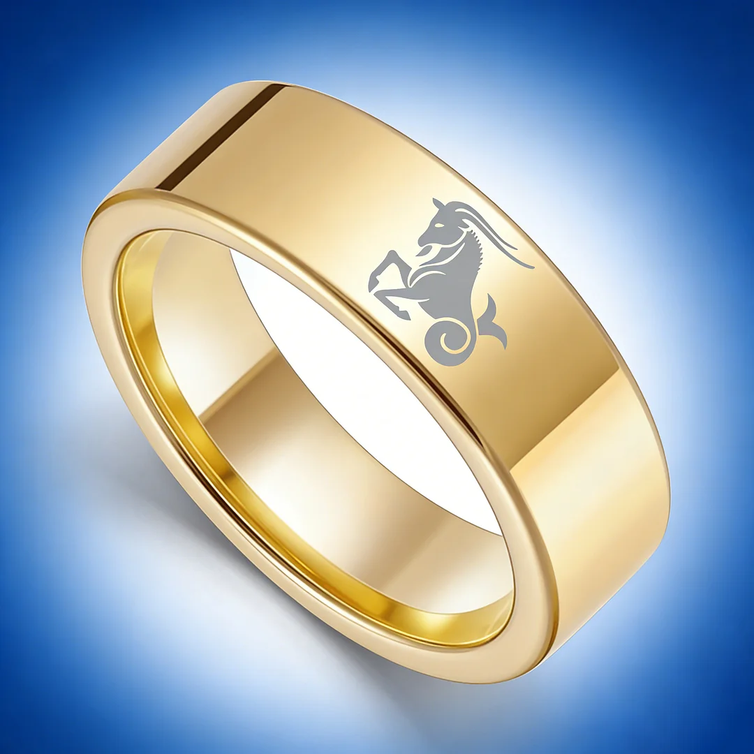 Men Women Gold Capricorn Tungsten Carbide Rings Couple Wedding Band Flat Comfort Fit 4MM 6MM 8MM Width