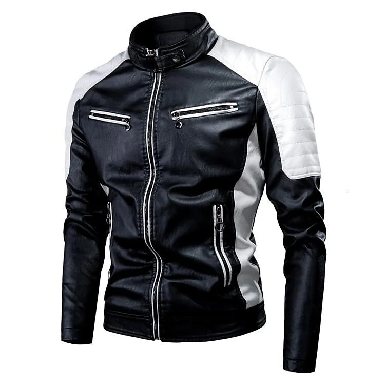 Rogoman Men's Stand Collar Vintage Thermal Biker Panel Faux Leather Jacket