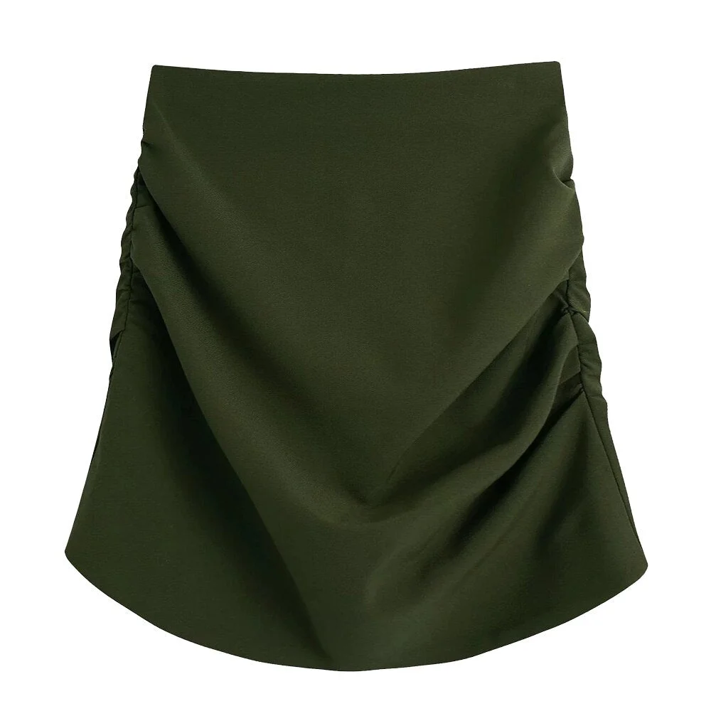 TRAF Women Fashion With Side Pleated Mini Skirt Vintage High Waist Back Zipper Female Skirts Mujer
