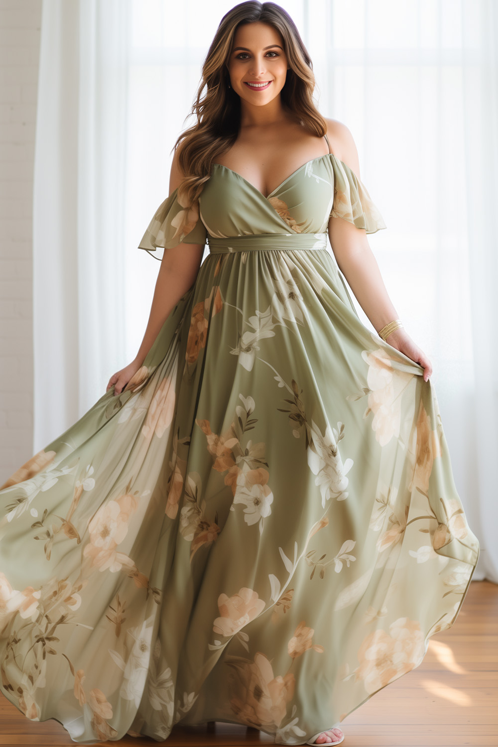 Flycurvy Plus Size Wedding Guest Sage Green Chiffon Floral Print Wrap Cold Shoulder Maxi Dress 2024 - Flycurvy 