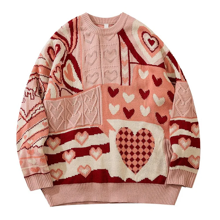 Love Heart Pattern Colorblock Sweater - Modakawa Modakawa