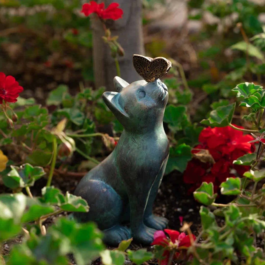 Curious Cat with Butterfly Statue