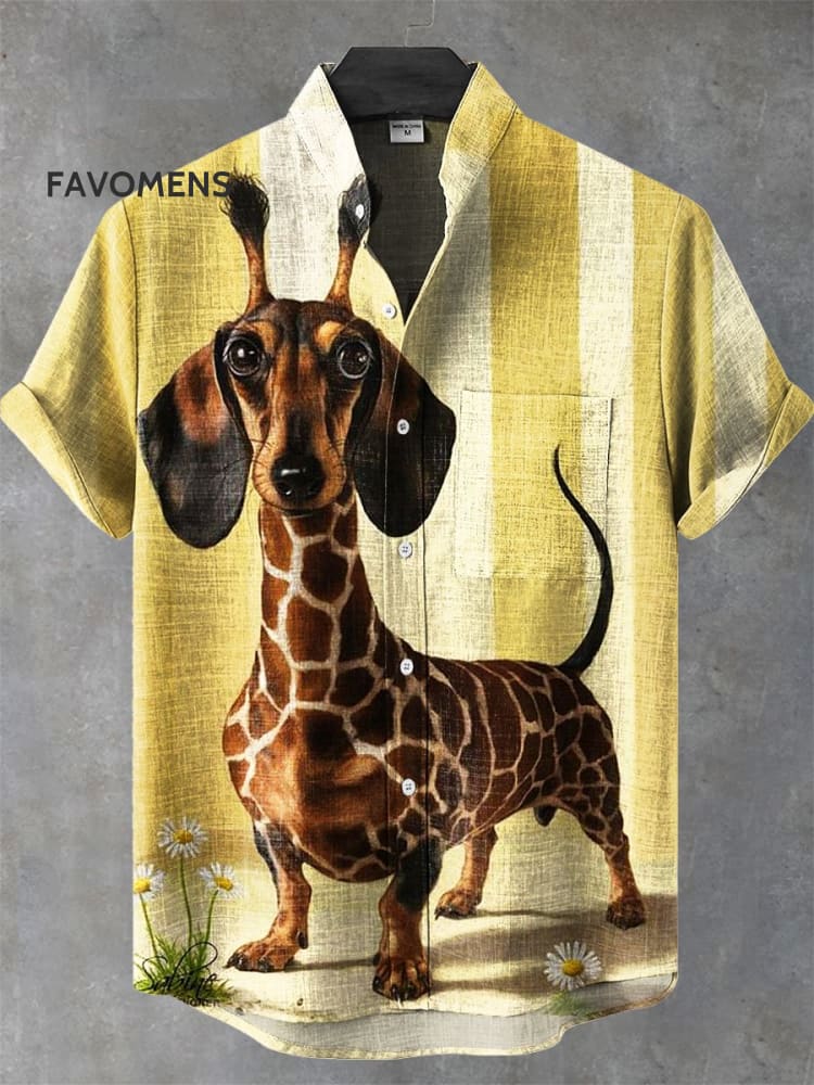 Vintage Funny Dog Dachshund Art Print Casual 100% Cotton Shirt Multicolor / S