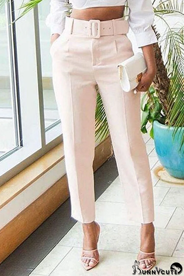 Cream White Casual Solid Split Joint Regular High Waist Pencil Solid Color Bottoms