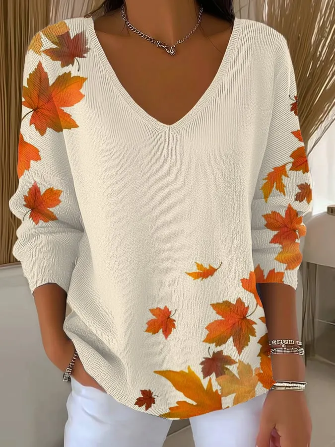 Women's Casual Retro Maple Leaf Striped Long-Sleeved Top 