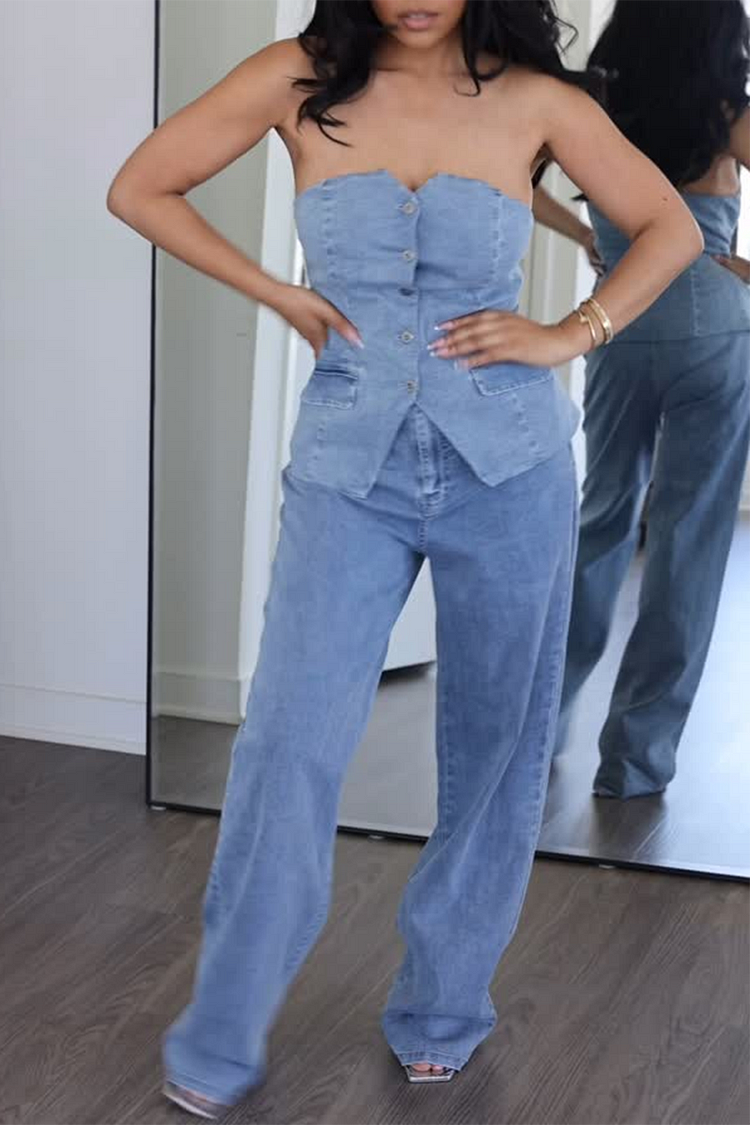 Plus Size Daily Blue Pocket Denim Two Piece Pant Sets [Pre-Order] 2024 - Xpluswear