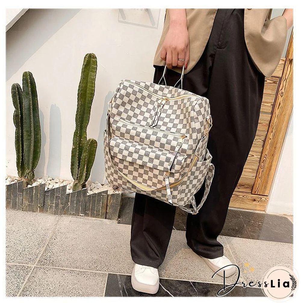 Retro Faux Leather Check Pattern Print Rucksack Vegan Backpack Tote