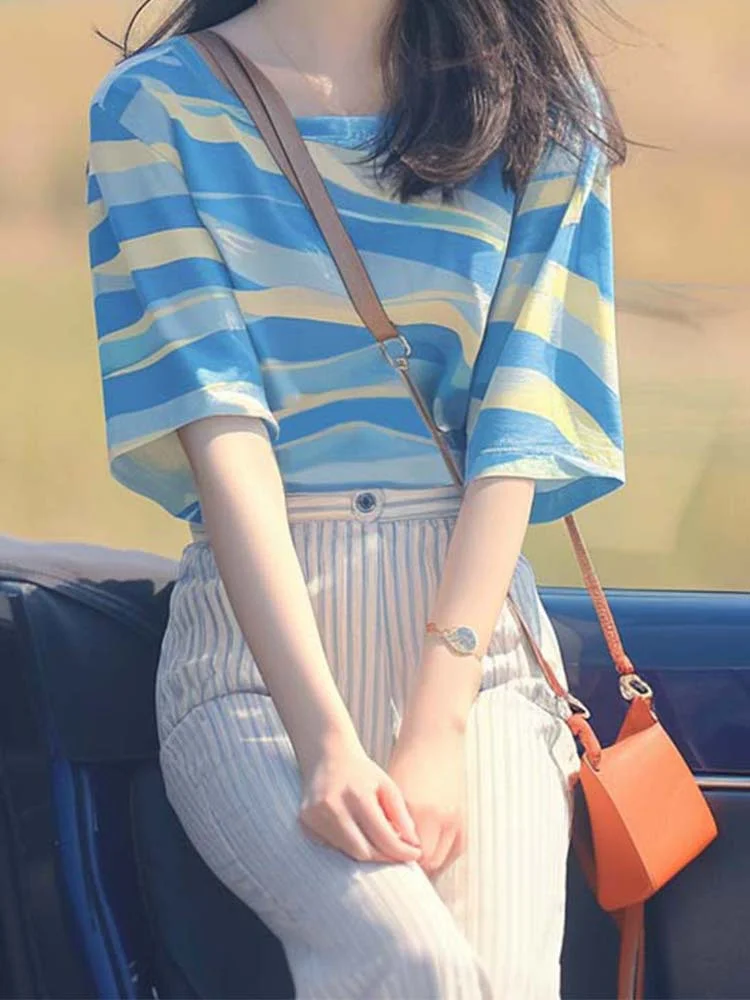 Athvotar Athvotar Korean Chic Oceanous Special To Beautiful Blouse Loose And Thin Blue Striped T-Shirts