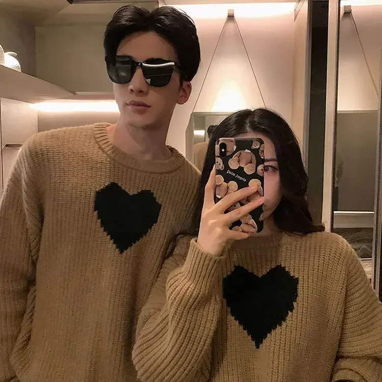 Teezonebest Men's Clothing Crewneck Jacket Knit Sweater Male Pullovers Coat Print Round Collar Heart Couple Outfit Thick Winter A 2025 Trend