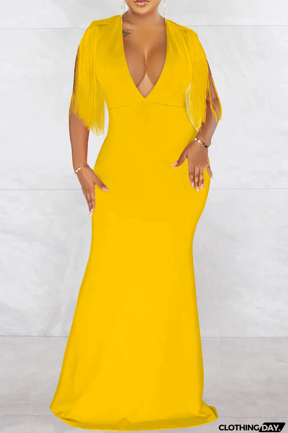 Black Fashion Sexy Solid Tassel Patchwork V Neck Long Dress