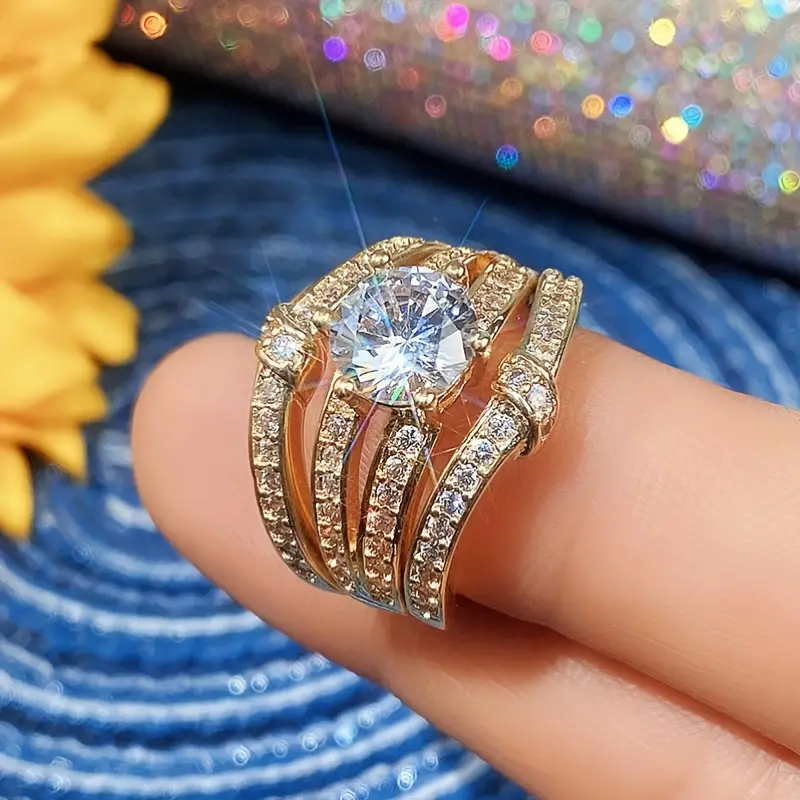 plated round zircon set ring fashion luxury engagement wedding jewelry for women ring set 3pcs details 8
