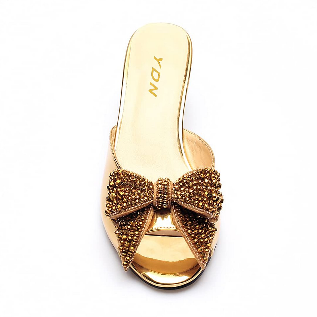 Gold Open Toe Rhinestone Bow Mules Sandals with Low Block Heel