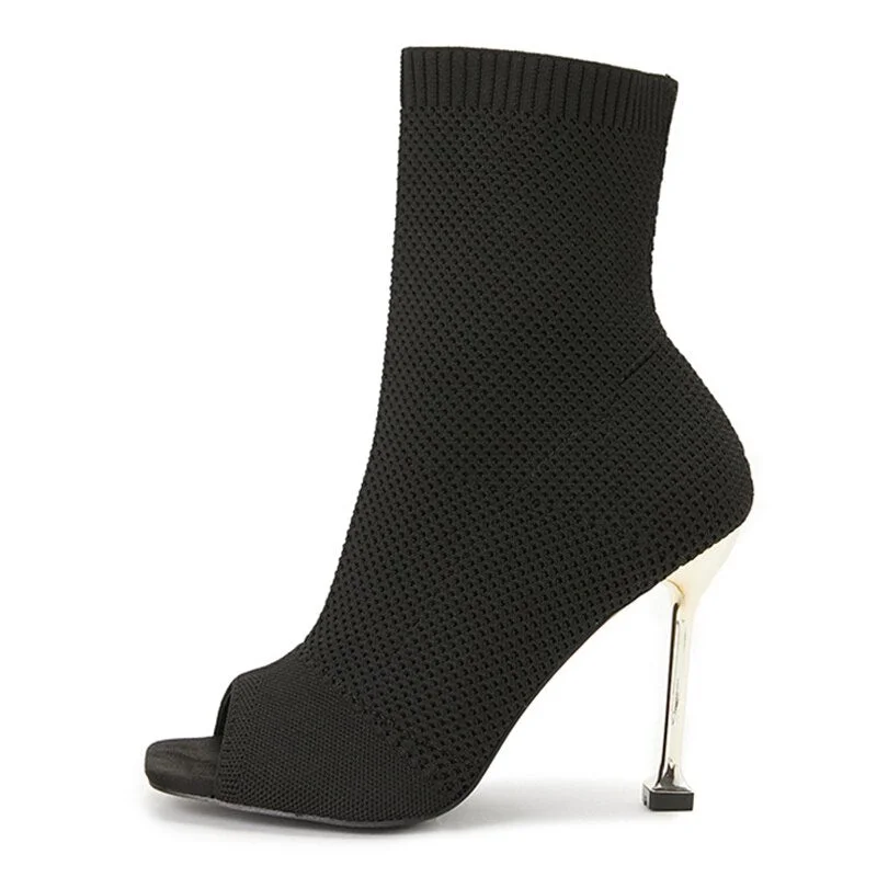 Fashion Peep Toe Black Fabric Knitting Ankle Socks Boots Small Hole Hollow Out Women Metal High Heels Party Dance Shoes Size 42
