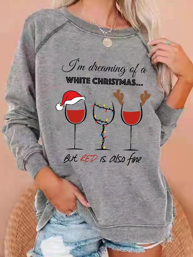 Women's Christmas Wine Glass Print Crew Neck Sweatshirt