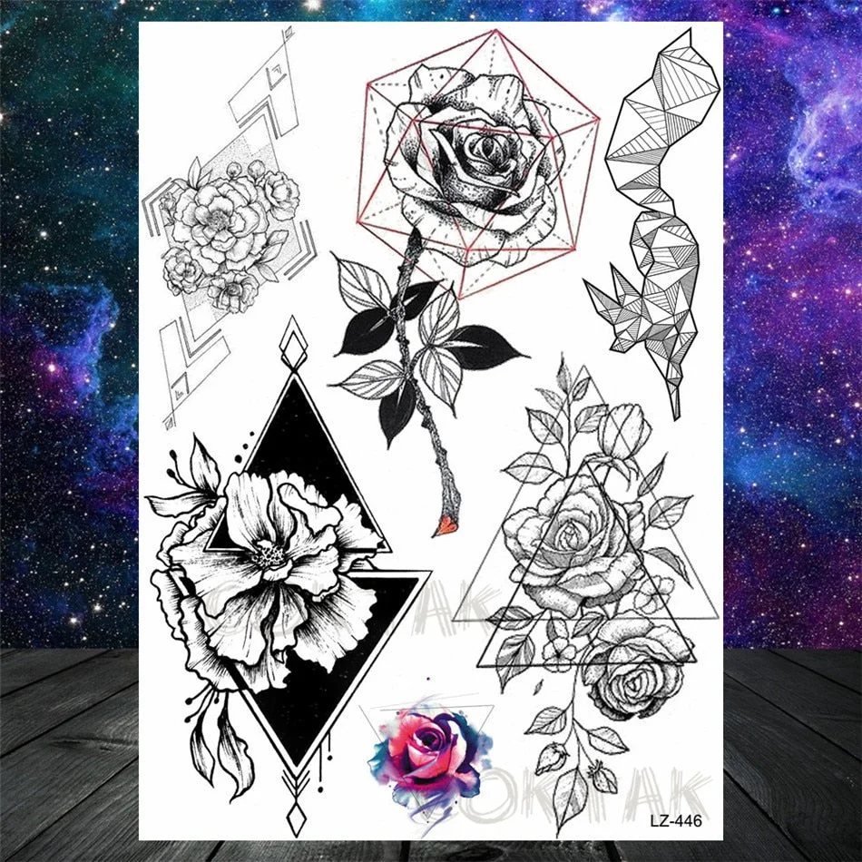 Realistic Fake Black Animal Temporary Tattoos Sticker For Men Women Geometric Wolf Outer Space Tatoo Temporary Decal For Kids