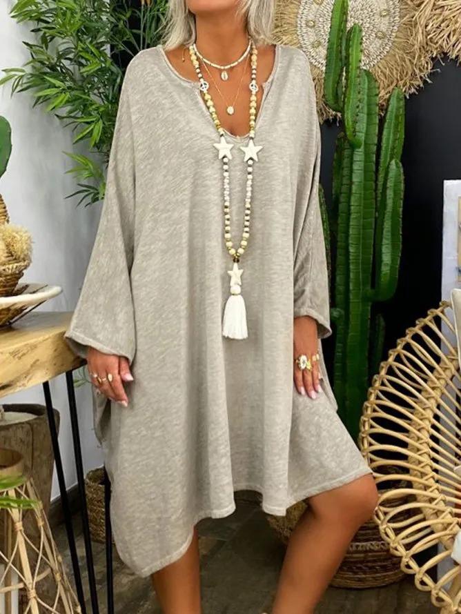 Gray Long Sleeve V Neck Jersey Shift Dresses