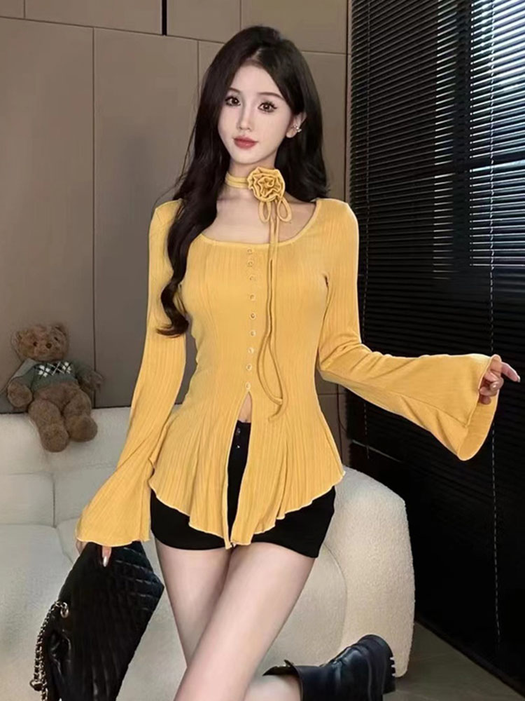 Cookycrumble fall aesthetic American Style Gyaru Irregular Top Women Fashion Solid Design Slim Sweater Autumn Winter Trend O-Neck Single Breasted Cardigan