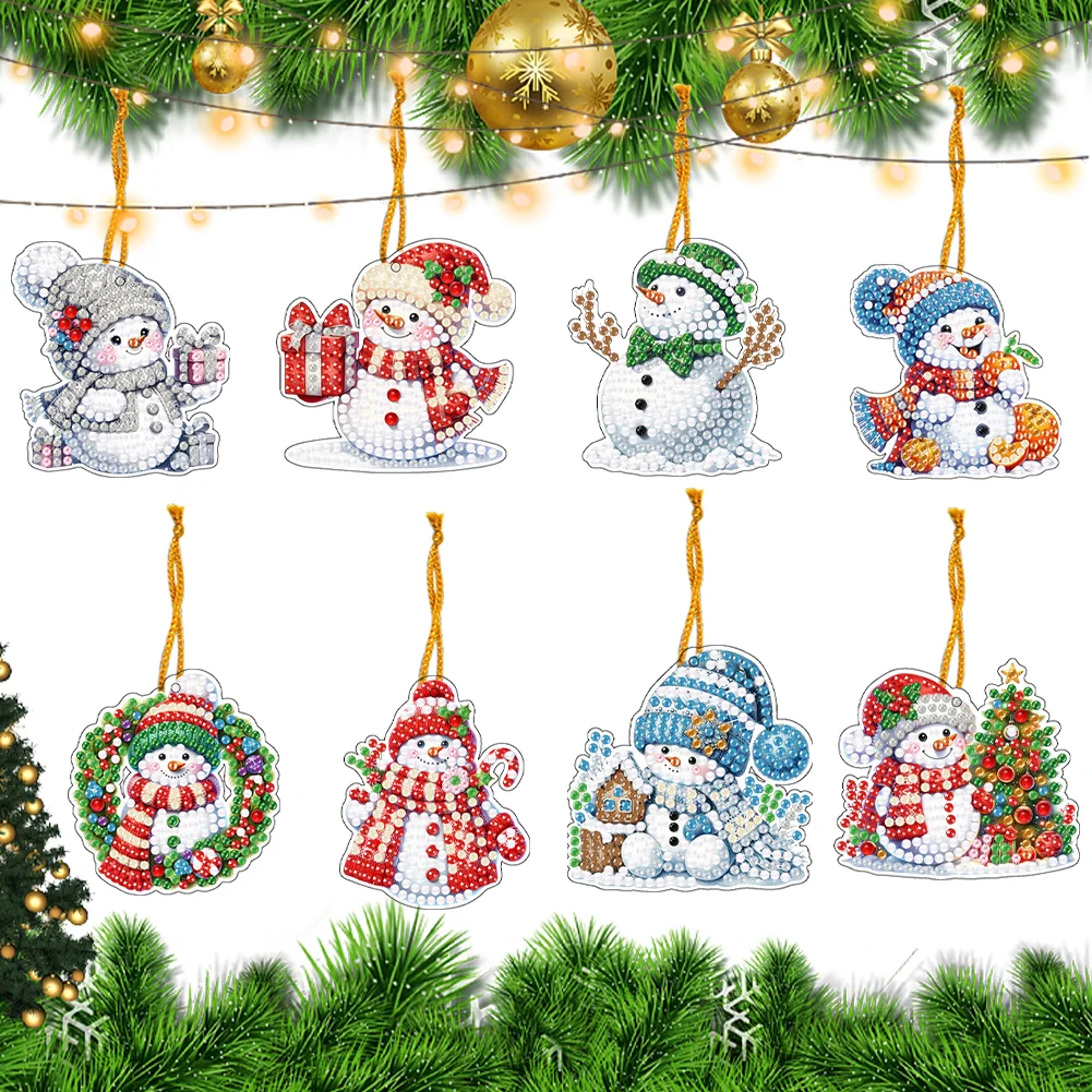 5D DIY 8Pcs Christmas Snowman Diamond Painting Christmas Tree Pendant for Xmas Tree 