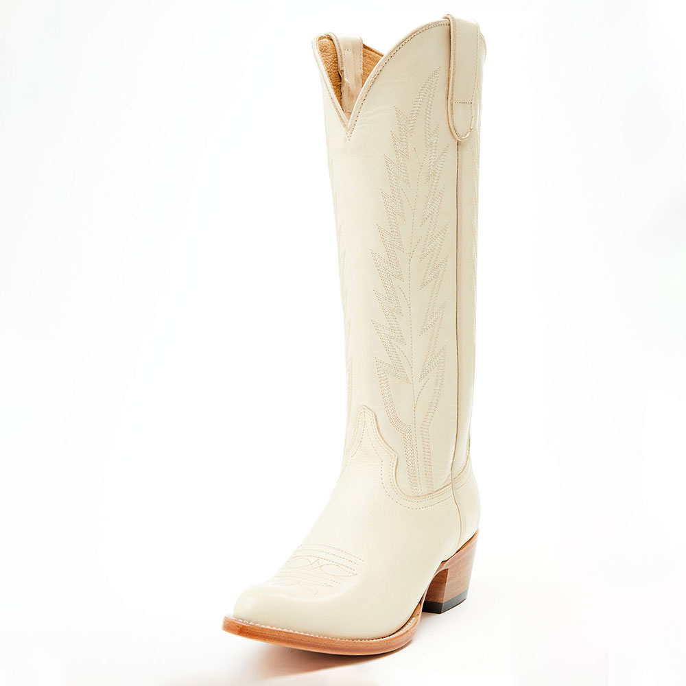 Ivory Almond Toe Chunky Heel Knee-High Cowgirl Boots with Embroidery Nicepairs