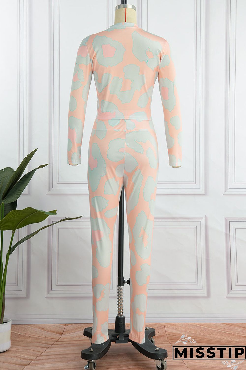 Yellow Pink Casual Print Patchwork Zipper Long Sleeve Two Pieces