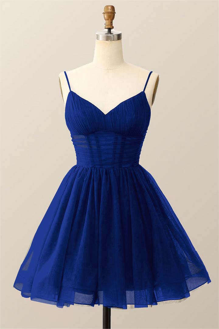 Daisda Simple Navy Blue Tulle Spaghetti Strap Sleeveless Pleated Short Homecoming Dress