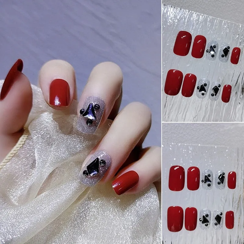 24pcs nail press ons Girl Fake Naisl with glue nail art Purple Star Moon Rhinestone Designs Short Full Artificial ネイルチップ-Nail Inspo