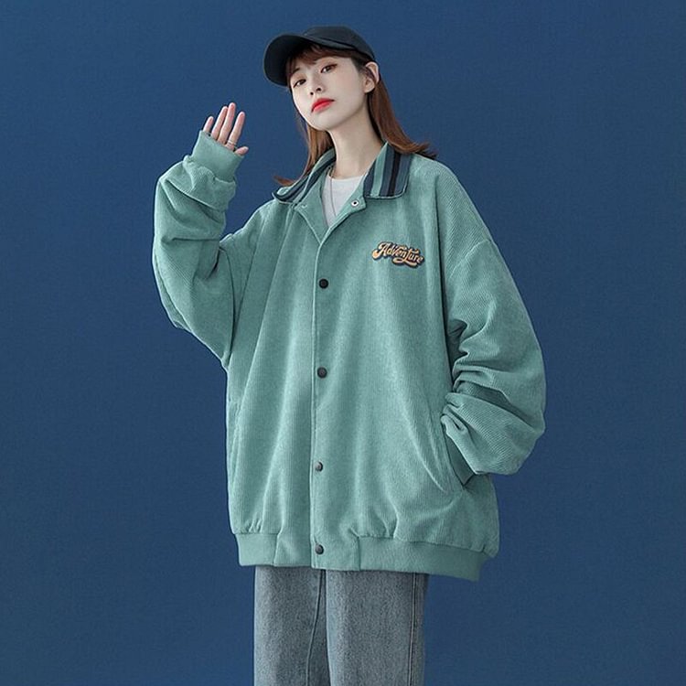 Vintage Streetwear Women Corduroy Baseball Coats Fall Loose Harajuku BF Letter Long Sleeve Jacket Korean Outwear Y2k Tops