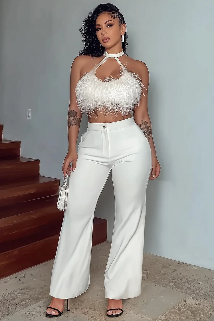 Feather Halter Crop Top Wide Leg Pants Party 2pcs Set-White [Pre Order]