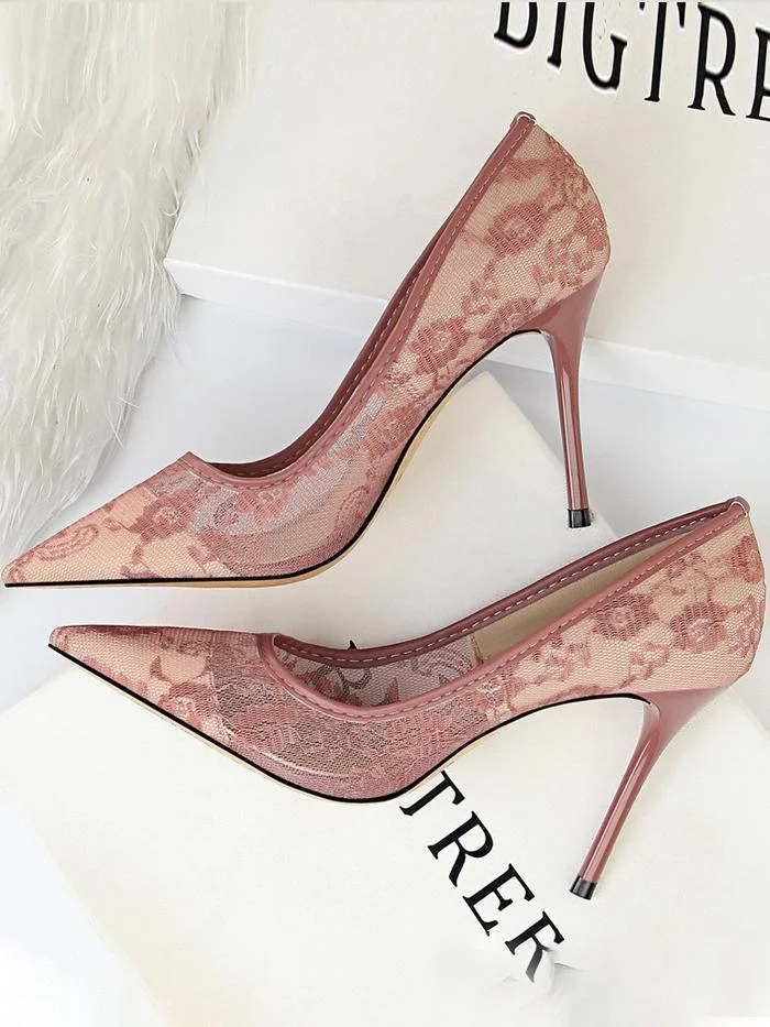 Sexy stiletto high heel shallow mouth pointed toe mesh hollow lace single shoes