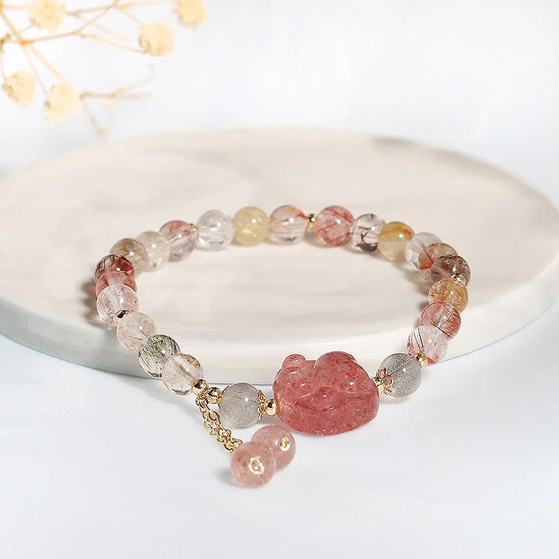 Natural Strawberry Quartz Cat Paw Claw Colorful Rutilated Quartz Moonstone Love Bracelet