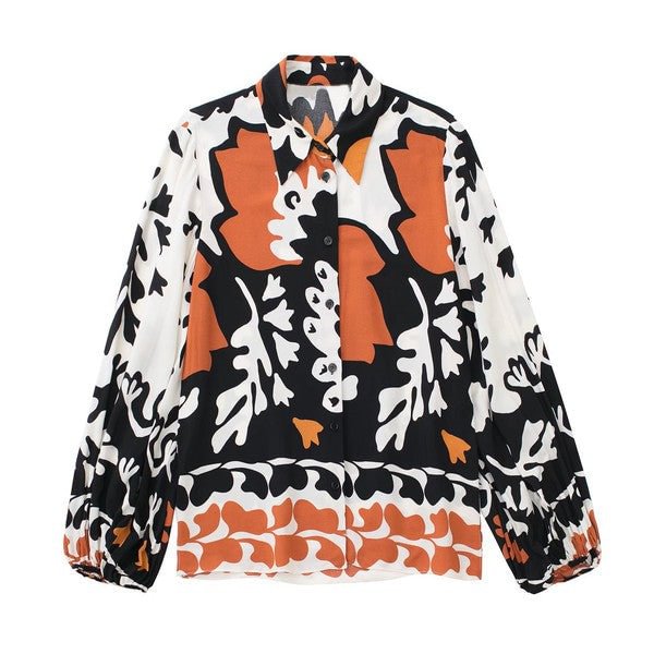 Printed  Long Sleeve Shirt Top Short Set