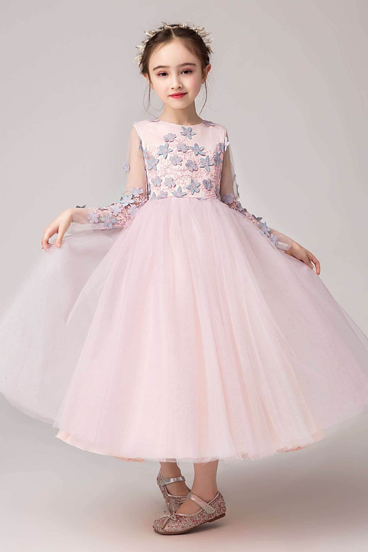 Dresseswow Pink Scoop Neck Long Sleeves Ball Gown Flower Girls Dress
