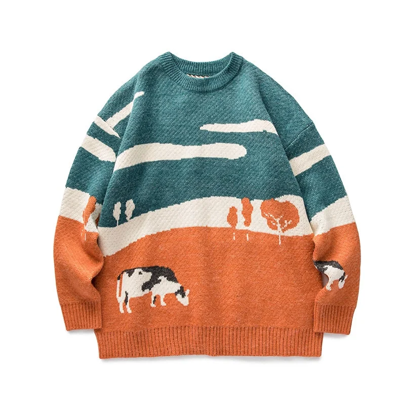 BOLUBAO Cows Prairie Vintage Korean Fashions Sweater Mens 2021 Winter Pullover Casual Harajuku Sweater Male