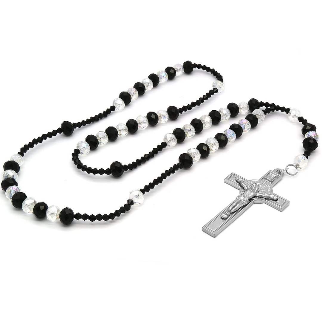 Black/Clear Crystal Line Rosary With Cross Pendant-VESSFUL