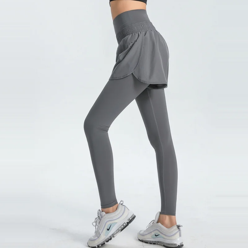 New high-waist fake two-piece abdominal fitness trousers quick-drying tight running yoga pants sports pants DMladies