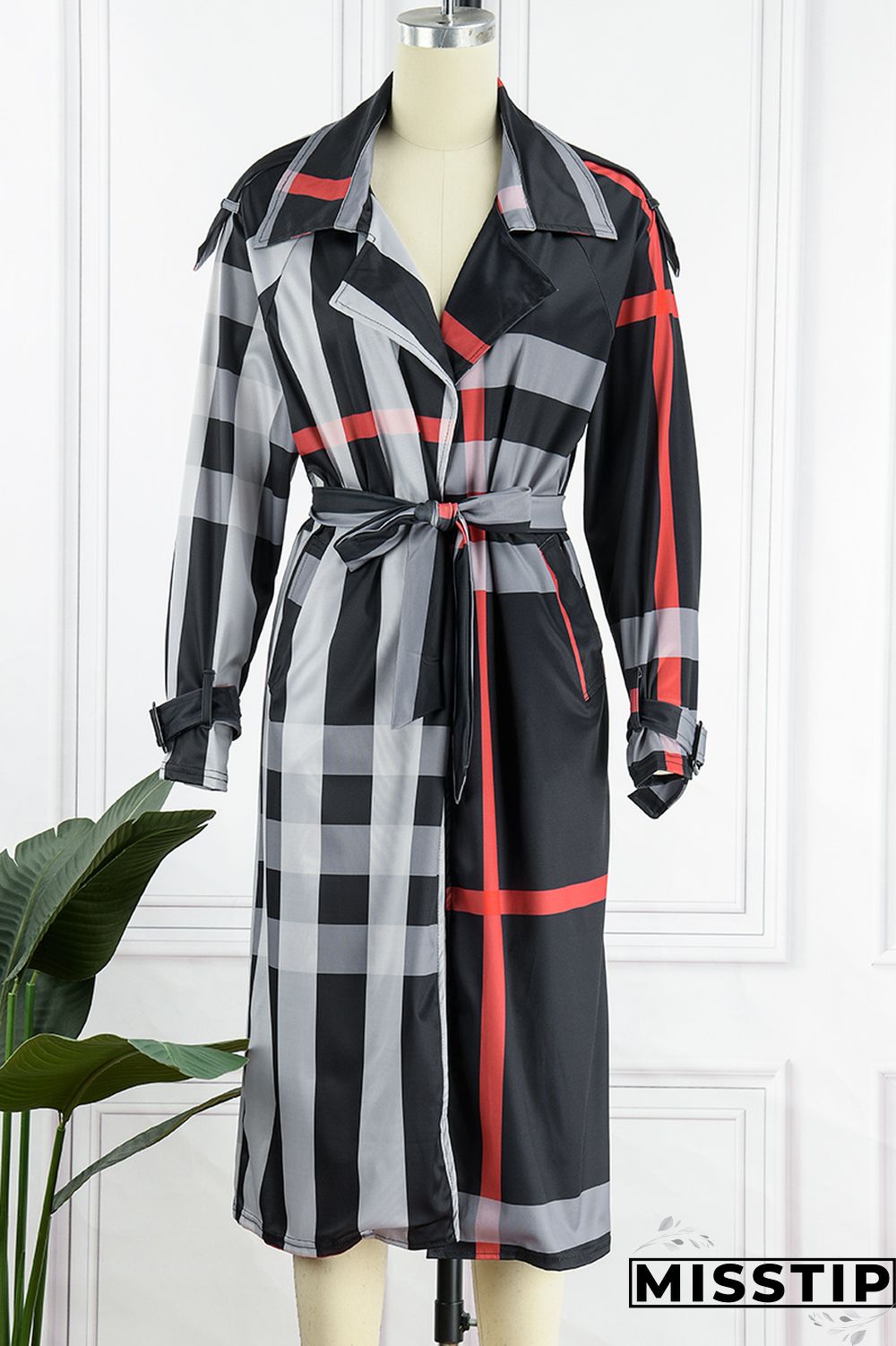 Black Fashion Casual Print Cardigan With Belt Turndown Collar Outerwear