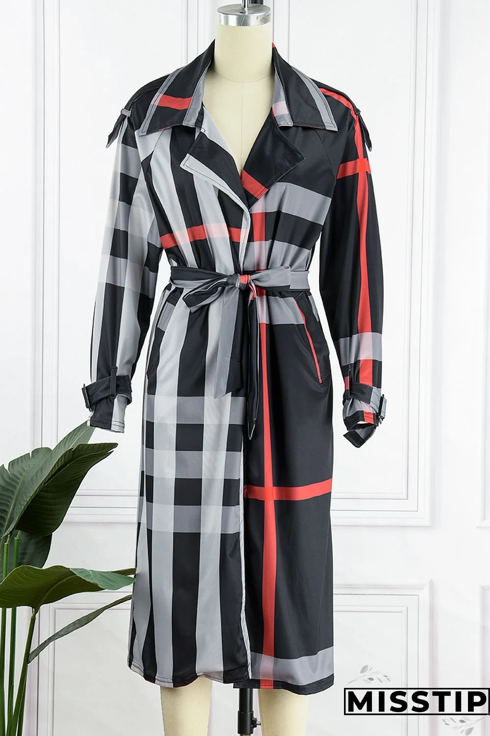 Black Fashion Casual Print Cardigan With Belt Turndown Collar Outerwear