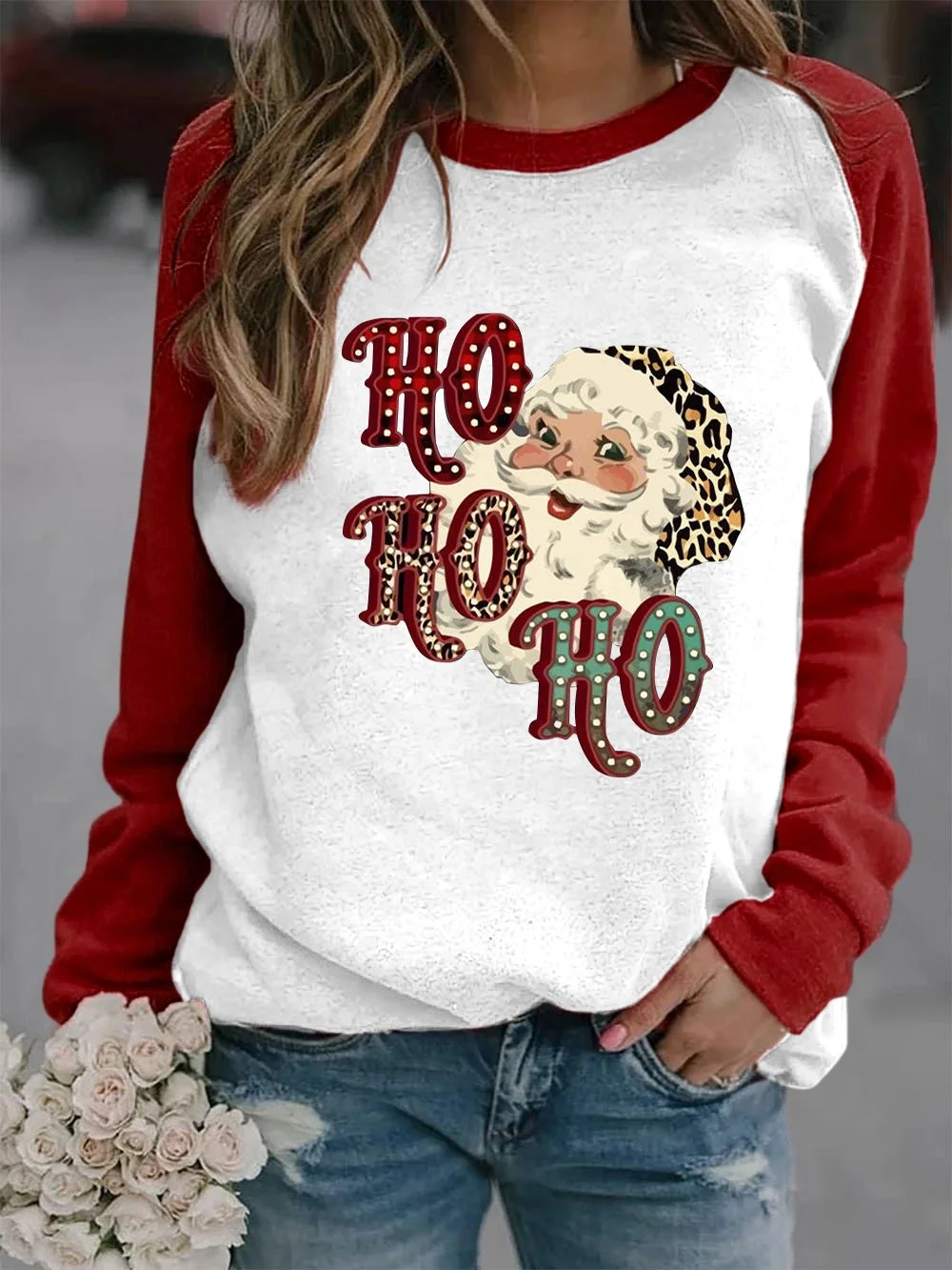 Women's Christmas Santa Colorblock Long Sleeve Top