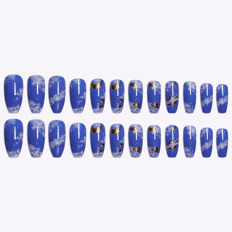 European Printing Fake Nails Long Blue Sky and White Clouds Design Wear Nail Stickers Finished Press On Finger Nail Tips-Nail Inspo
