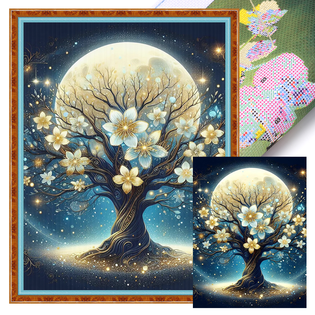 Flower Tree Under The Moon Full 11CT Pre-stamped Canvas(40*53cm) Cross Stitch