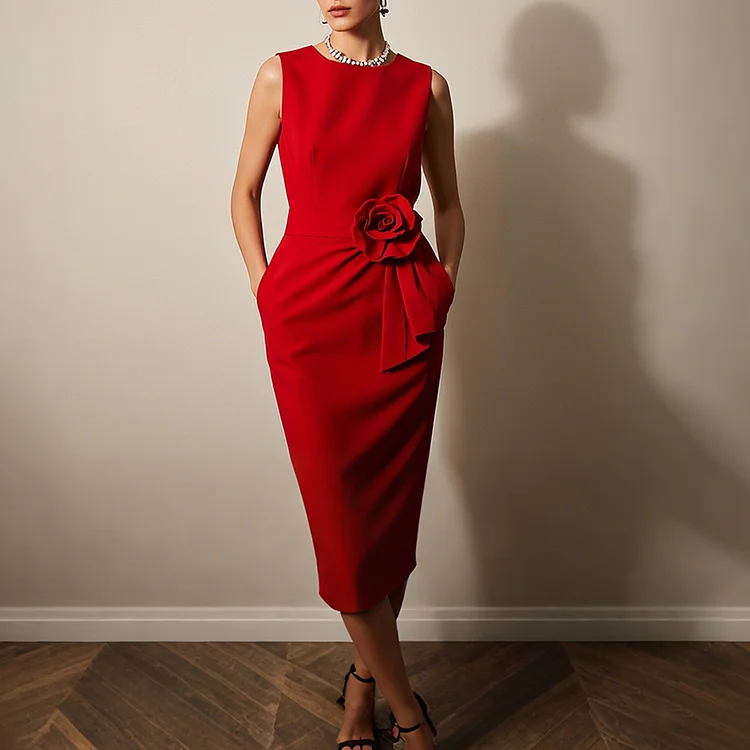 Ursime Crew Neck Sleeveless Pocket Stereo Floral Midi Dress