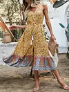V-Neck Sleeveless Floral Print Split-Front Loose Midi Dress