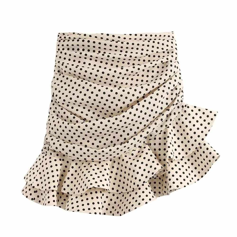 Willshela Women Banilla Polka Dot Mini Skirt Ruching detail Ruffled Hem Back Hidden In-seam Zip Closure Skirt
