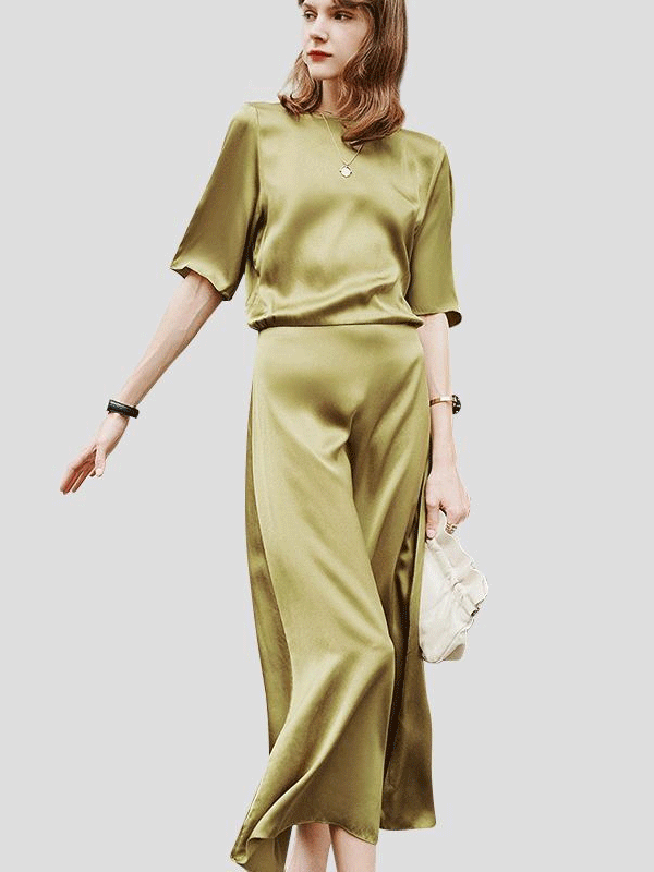 Robe en soie longue à taille unique vert avocat- SOIE PLUS