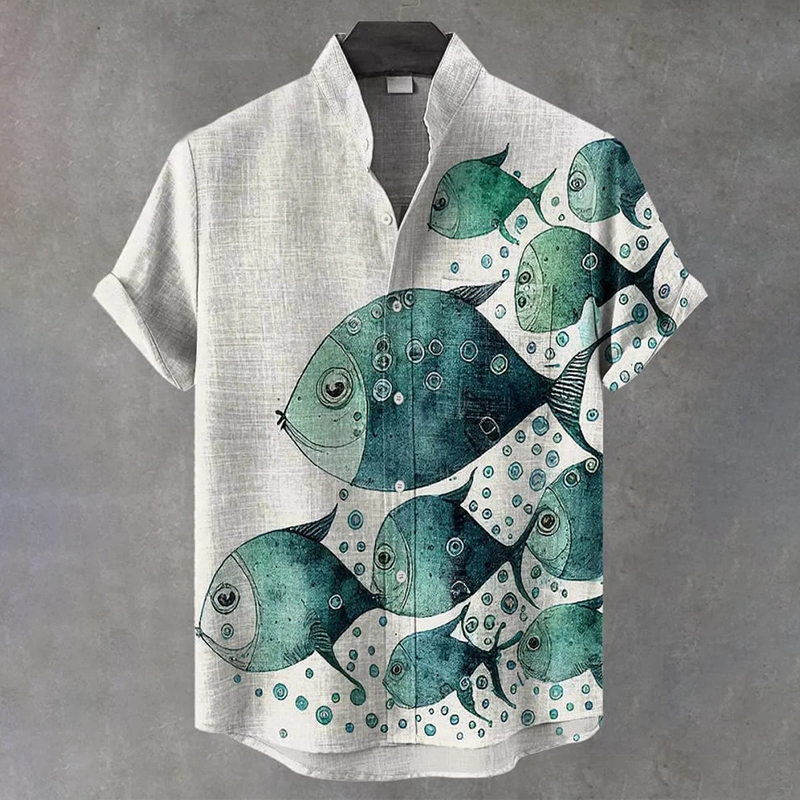 Vintage Fish Art Print Casual Cotton Linen Shirt  artssus