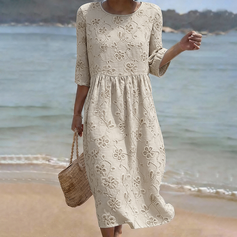 Women's Vintage Floral Art Pattern Linen Blend Loose Three-quarter Sleeve Dress wearshes