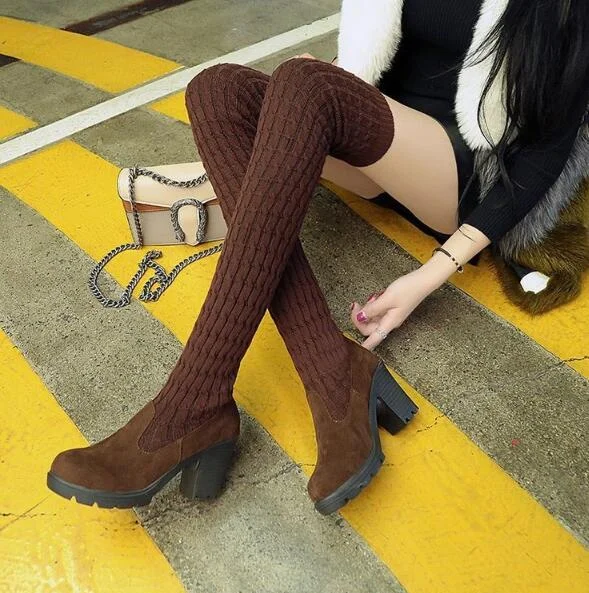 2021 New Fashion New Dropship Shoes Woman Boots Slip on Chunky Heels Platform Stretch Comfortable Over The Knee Boots Female