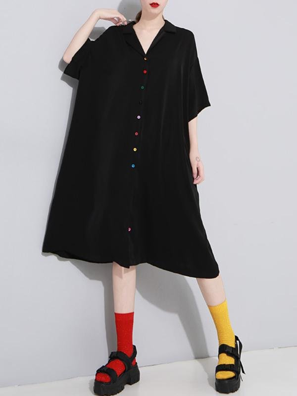 Solid Color Loose Lapel Short Sleeves Dress